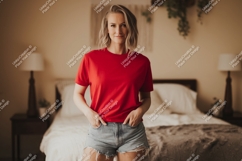 Red shirt denim shorts woman image Product Image 1