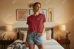 Woman wearing red t shirt and denim shorts image Product Image 1