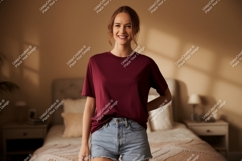 Woman wearing maroon t shirt and denim shorts image Product Image 1