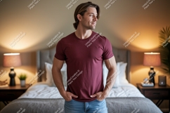 Man wearing maroon t shirt and jeans image Product Image 1
