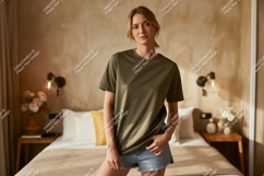 Woman wearing olive green t shirt and denim shorts Product Image 1