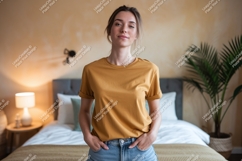 Woman wearing mustard t shirt and denim shorts image Product Image 1