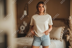 Woman wearing cream t shirt and denim shorts t-shirt Product Image 1