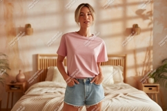 Woman wearing pink t shirt denim shorts image Product Image 1