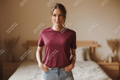 Woman wearing maroon t shirt and denim shorts image Product Image 1
