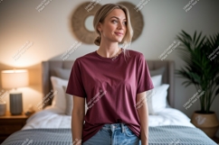 Woman wearing maroon t-shirt mockup jeans Product Image 1
