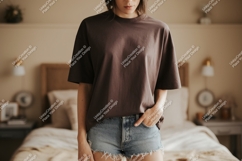 Woman wearing brown t shirt and denim shorts image Product Image 1
