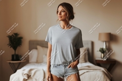 Woman wearing grey t shirt denim shorts image Product Image 1