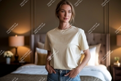 Woman in cream t shirt and denim jeans image Product Image 1