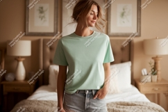 Woman wearing mint green t shirt and denim shorts t-shirt Product Image 1