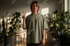 Young man peace sign casual wear male t-shirt Product Image 1