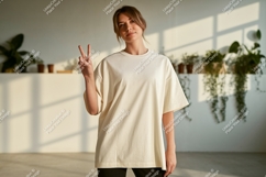 Woman wearing cream t shirt peace sign image Product Image 1