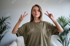 Woman peace sign mockup green t-shirt Product Image 1