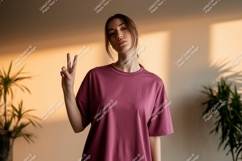 Woman wearing maroon t shirt showing peace sign image Product Image 1