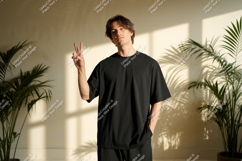 Young man black t shirt peace sign t-shirt Product Image 1