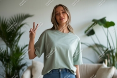 Young woman peace sign casual t-shirt Product Image 1