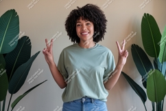 Woman peace sign green shirt image Product Image 1