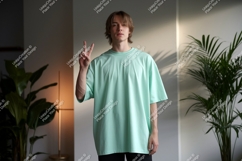 Young Man Peace Sign Mint T Shirt Mockup Product Image 1
