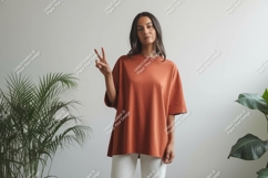 Woman wearing terracotta t shirt and white pants image Product Image 1