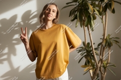 Woman wearing mustard t shirt peace sign image Product Image 1