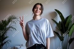 Woman peace sign grey t shirt image Product Image 1