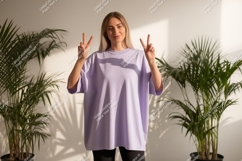 Woman peace sign lilac shirt mockup image Product Image 1