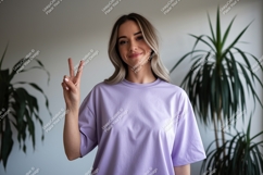 Young Woman Peace Sign Lavender T Shirt Mockup Product Image 1