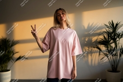 Woman wearing pink t shirt peace sign t-shirt Product Image 1