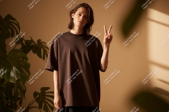 Young man peace sign brown shirt plant shadow male Product Image 1