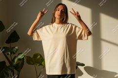 Woman peace sign gesture mockup casual Product Image 1