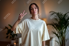 Woman wearing cream t shirt peace Product Image 1