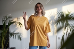 Woman wearing mustard t shirt peace sign image Product Image 1
