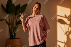 Woman wearing pink t shirt peace sign image Product Image 1