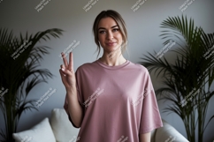 Woman wearing pink shirt showing peace sign image Product Image 1