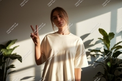 Young Woman Peace Sign Casual Outfit image Product Image 1