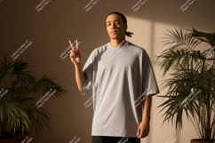 Man wearing grey t-shirt peace sign image Product Image 1