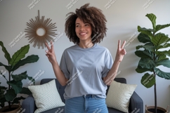 Woman peace sign casual t-shirt Product Image 1