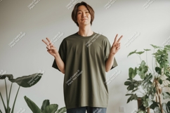 Young man peace sign green shirt asian Product Image 1
