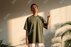 Woman wearing olive green t shirt peace sign image Product Image 1