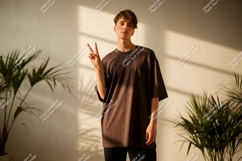 Young man brown shirt peace sign indoor male person Product Image 1