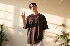 Young man wearing dark brown t shirt peace sign Product Image 1