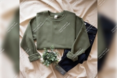 Olive Green Sweatshirt Tshirt Mockup With Jeans Product Image 1