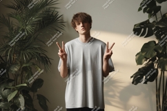 Young Man Peace Sign Casual Grey T Shirt Mockup Product Image 1