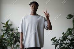 Man grey t shirt peace sign plants image Product Image 1