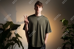 Young man olive shirt peace sign plants male person Product Image 1