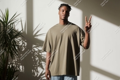 Man wearing olive green t shirt peace sign image Product Image 1