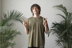 Man green shirt peace sign plants image Product Image 1