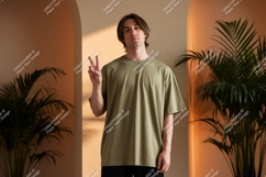 Man wearing olive t shirt peace sign image Product Image 1