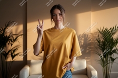 Woman wearing mustard yellow t shirt peace sign image Product Image 1