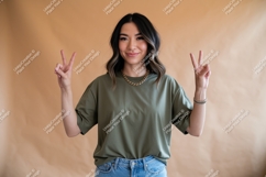 Woman peace sign olive shirt image Product Image 1